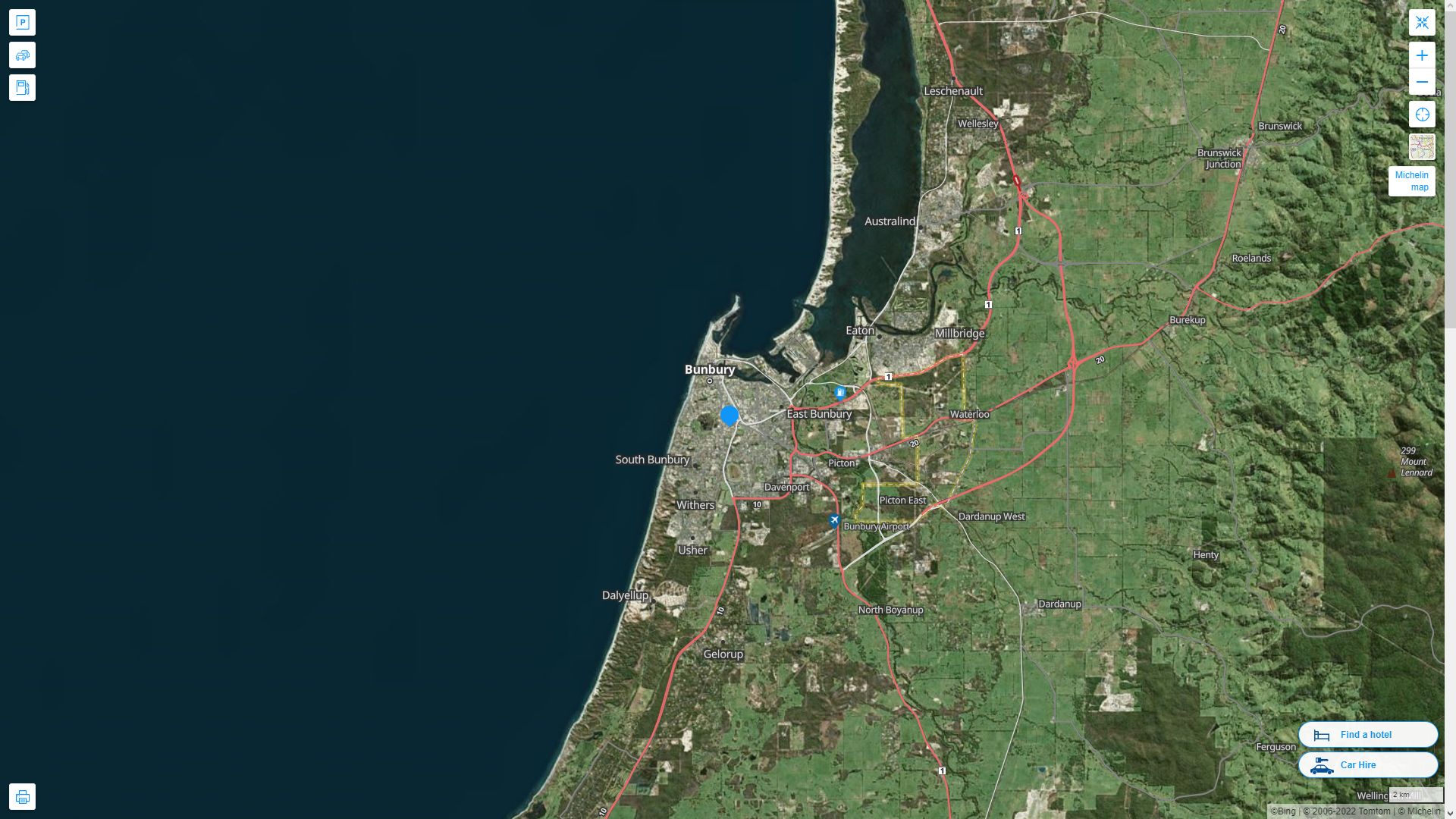 Bunbury Highway and Road Map with Satellite View